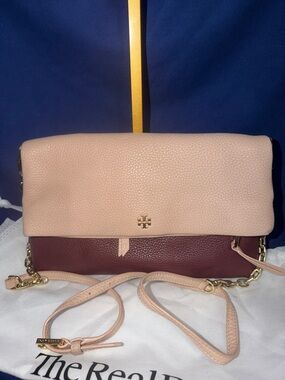 Tory Burch Peach and Burgundy Pebbled Leather Crossbody